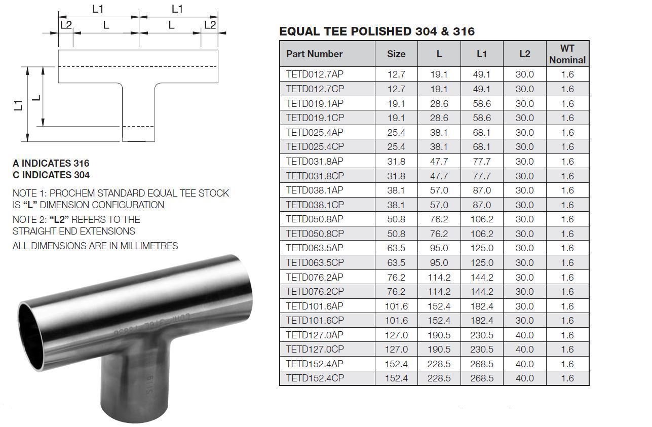 12.7 Od X 1.6wt Equal Tee 316 - Prochem