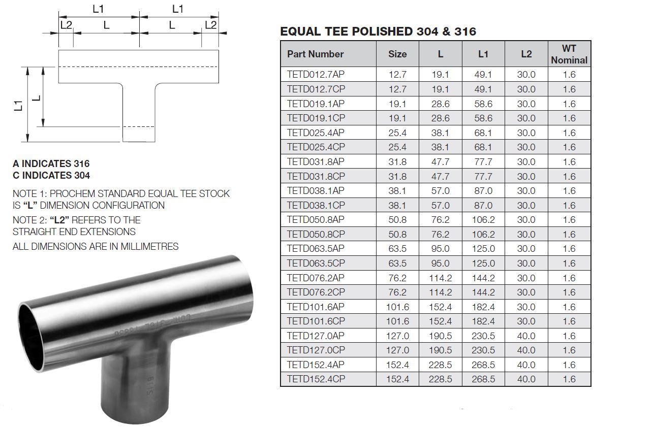 25.4 OD X 1.6WT EQUAL TEE 304 - Prochem